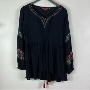 Fusion Black Boho Floral Long Sleeves Gauze Top